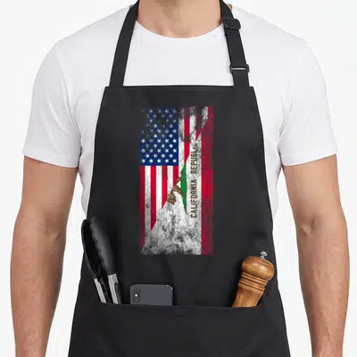 Tablier de cuisine noir avec les drapeaux américain et californien en style vintage et l'inscription CALIFORNIA REPUBLIC.