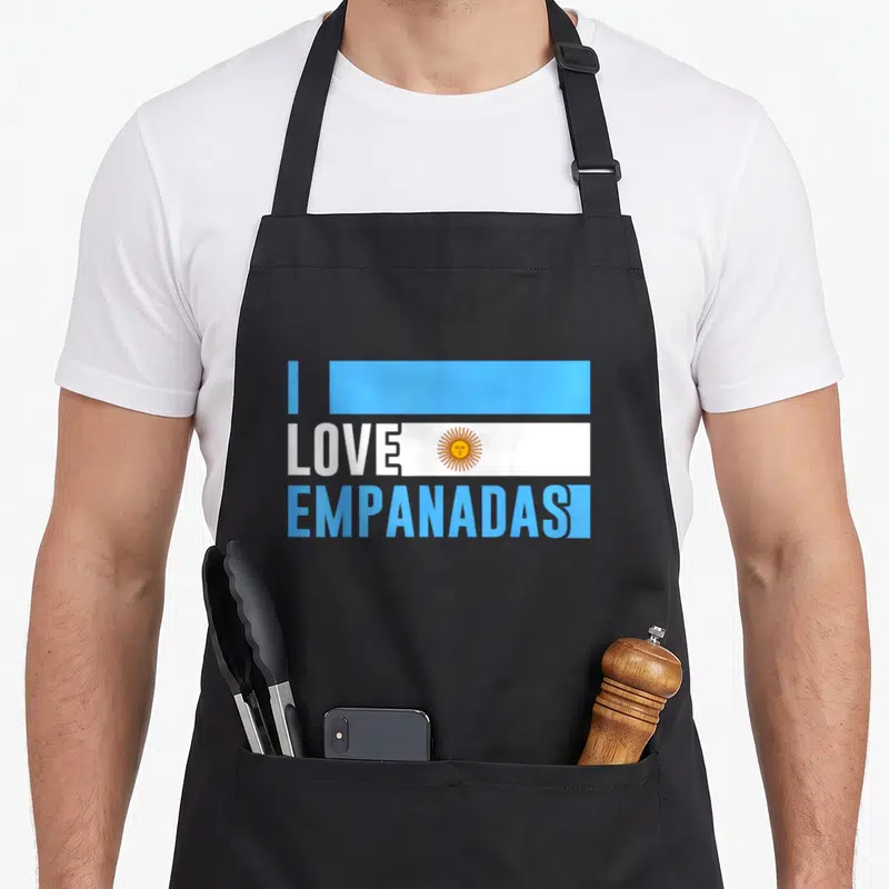 Tablier de cuisine noir avec le drapeau argentin stylisé et l'inscription I Love Empanadas en bleu et blanc.
