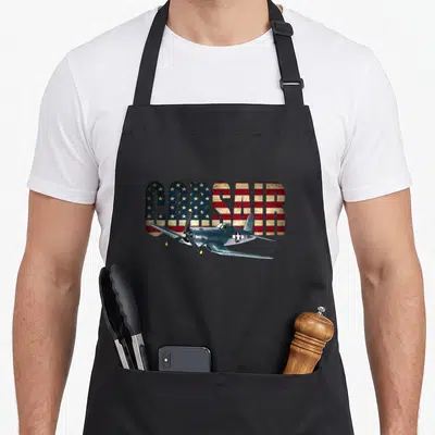 Tablier de cuisine noir avec l'avion F4U Corsair et le texte CORSAIR au motif drapeau américain