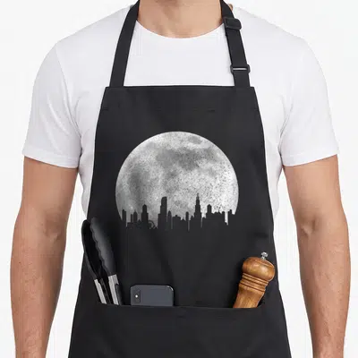Tablier de cuisine noir avec une lune texturée et un skyline de Chicago Illinois en silhouette grise.