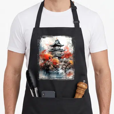 Tablier de cuisine noir avec une illustration de pagode japonaise entourée de fleurs rouges et d'eau dans un style vintage.