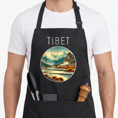 Tablier de cuisine noir avec illustration circulaire Tibet Art Déco montagnes et palais