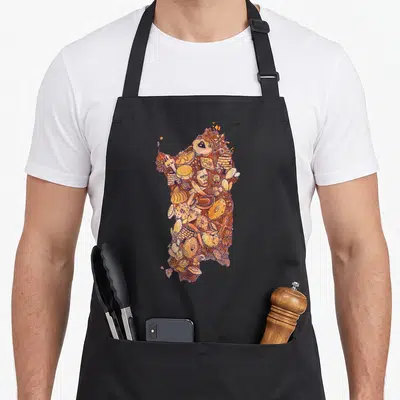 Tablier de cuisine noir avec une illustration en forme d'île composée d'objets typiques et d'animaux aux tons orangés.
