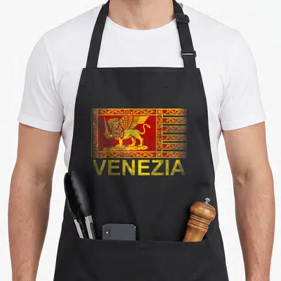 Tablier de cuisine noir avec illustration drapeau Venezia lion ailé rouge et or vintage