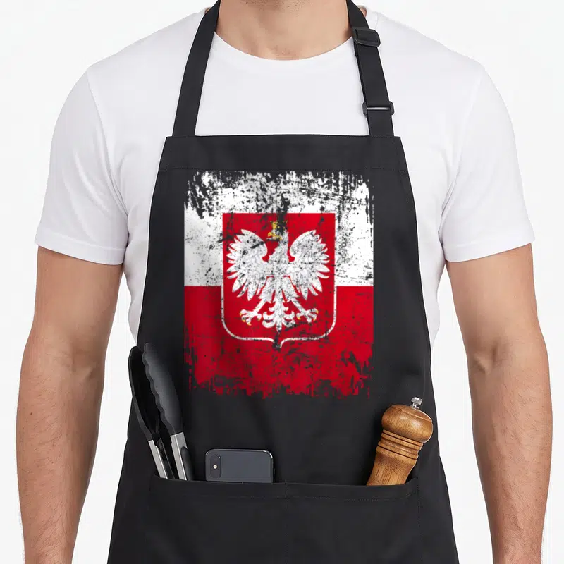 Tablier de cuisine noir avec drapeau polonais aigle blanc et rouge style vieilli