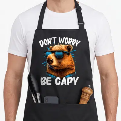 Tablier de cuisine noir avec illustration d'un capybara portant des lunettes bleues et du texte blanc.