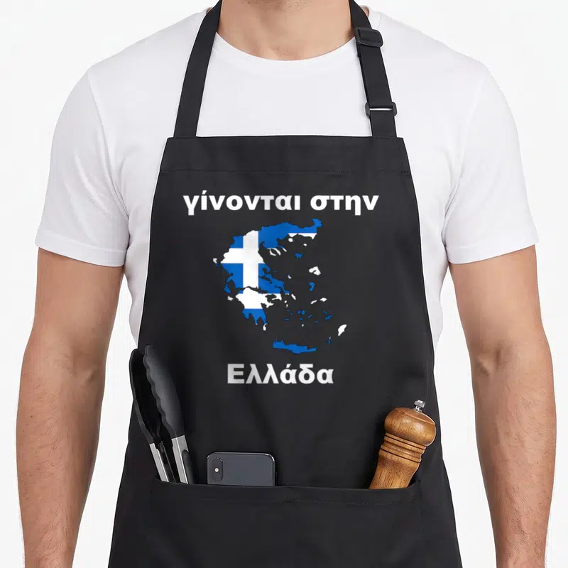 Tablier de cuisine noir avec carte de la Grèce en drapeau et texte grec blanc.