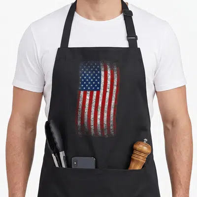 Tablier Drapeau américain pour homme et femme - 4 juillet - Drapeau des États-Unis — sur un tablier de cuisine noir, fond blanc