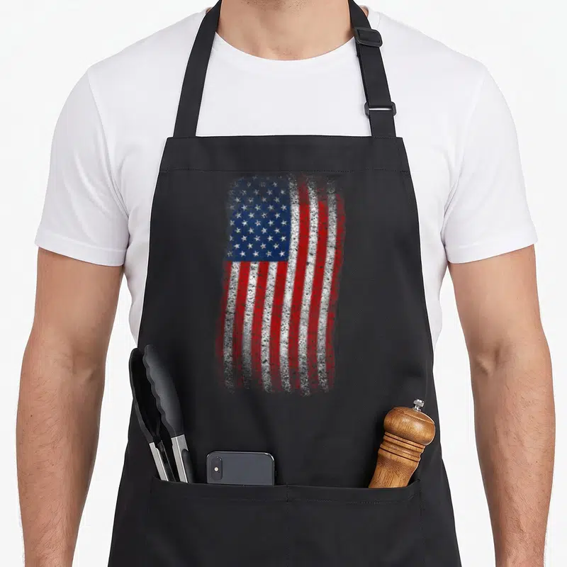 Tablier Drapeau américain pour homme et femme - 4 juillet - Drapeau des États-Unis — sur un tablier de cuisine noir, fond blanc