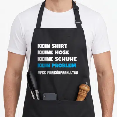 Tablier de cuisine noir avec l'inscription Kein Shirt Keine Hose Kein Problem en blanc et bleu.