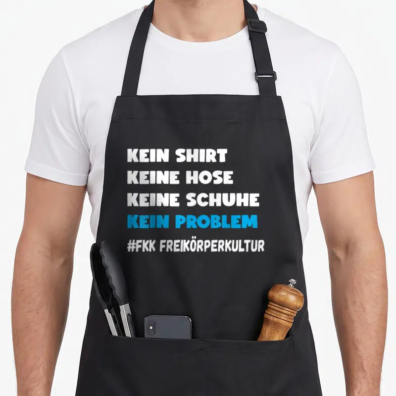 Tablier de cuisine noir avec l'inscription Kein Shirt Keine Hose Kein Problem en blanc et bleu.