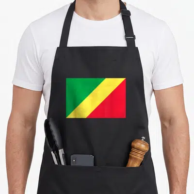 Tablier de cuisine noir avec le drapeau du Congo, République de imprimé en couleur vive au centre.