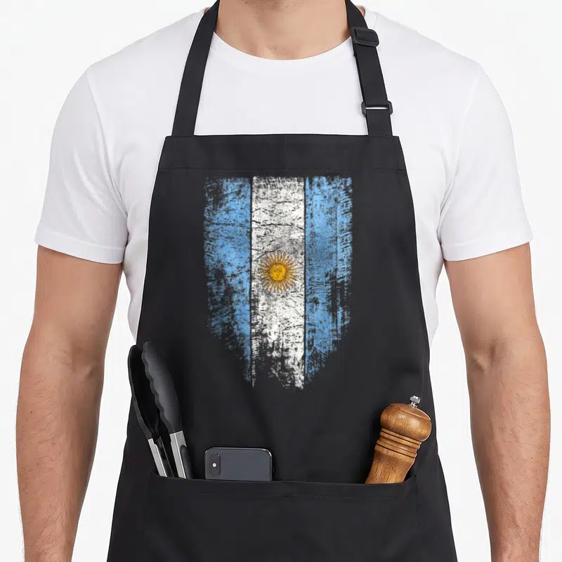 Tablier de cuisine noir avec drapeau argentine vintage bleu blanc et soleil doré central.