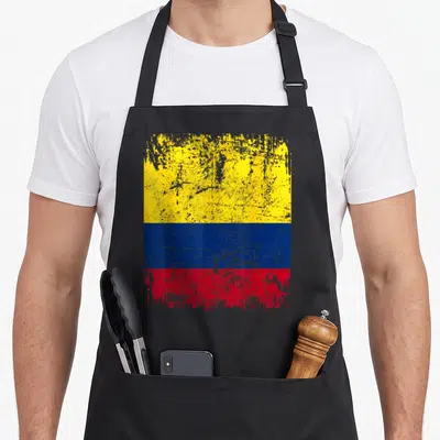Tablier de cuisine noir avec drapeau Colombie jaune bleu rouge style vintage délavé