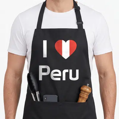 Tablier de cuisine noir avec le texte I love Peru et un cœur aux couleurs du drapeau péruvien.