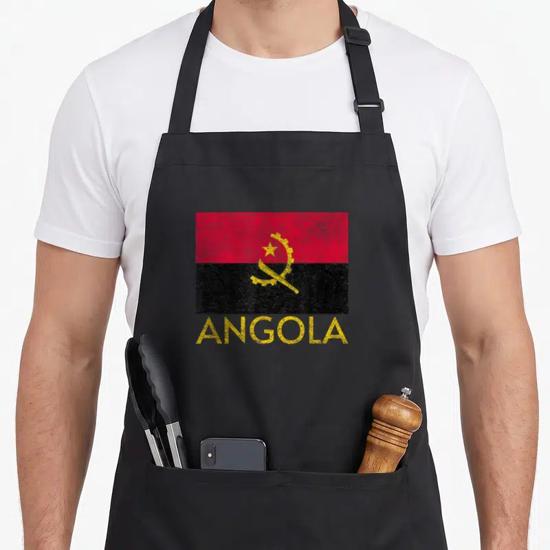 Tablier de cuisine noir avec drapeau Angola vintage et inscription ANGOLA en jaune