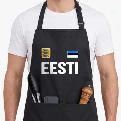 Tablier de cuisine noir avec le drapeau, les armoiries et le mot EESTI imprimés en blanc.