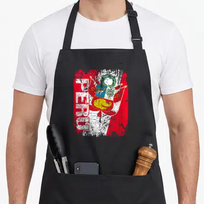 Tablier de cuisine noir avec inscription PEROU et drapeau aux armoiries colorées style vintage.