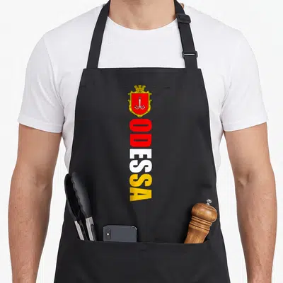 Tablier de cuisine noir avec le nom ODESA vertical et l'emblème rouge à l'ancre dorée au sommet.