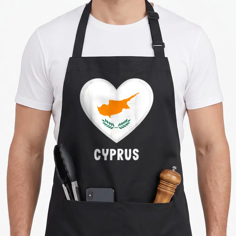 Tablier de cuisine noir avec un grand cœur blanc affichant une carte orange de Chypre, des branches vertes et le mot Cyprus en bas.