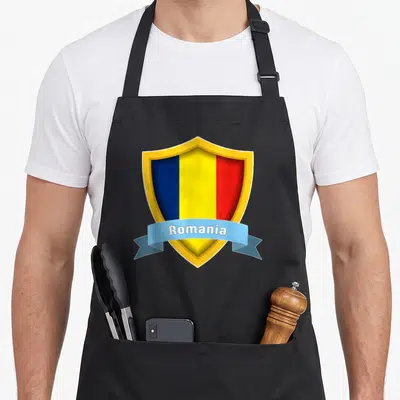 Tablier de cuisine noir avec écu doré aux couleurs du drapeau Roumanie et ruban bleu portant le nom Romania en lettres blanches.
