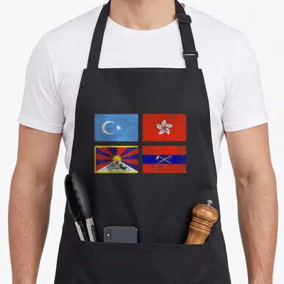 Tablier FREE TIBET UYGHURS HONG KONG INNER MONGOLIA CHINA FLAG — sur un tablier de cuisine noir, fond blanc