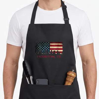 Tablier de cuisine noir avec skyline Houston TX motif drapeau américain style vintage rouge bleu or