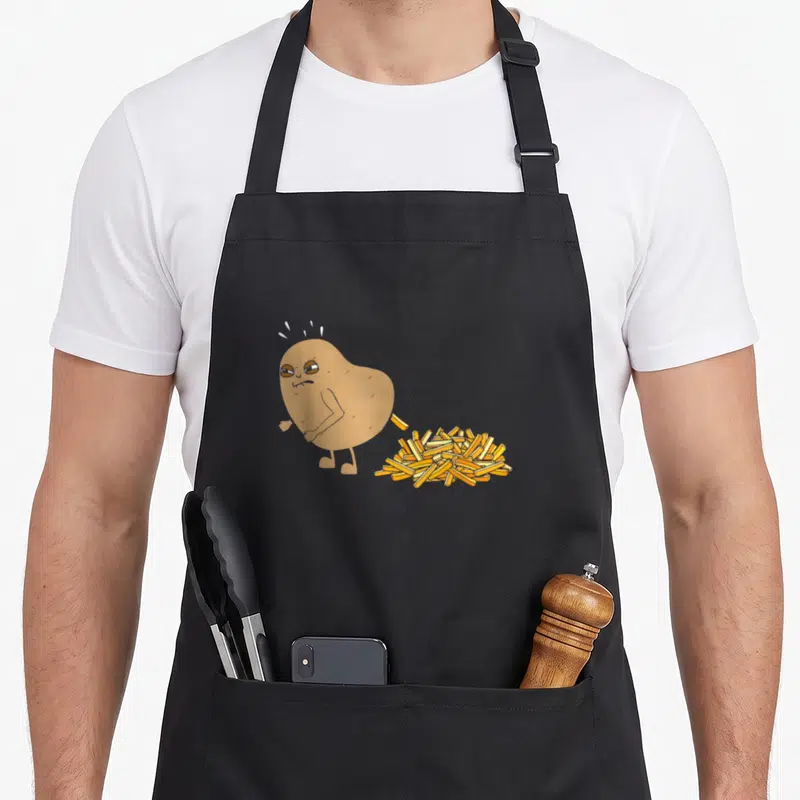 Tablier de cuisine noir avec une pomme de terre cartoon produisant des frites jaunes au sol.