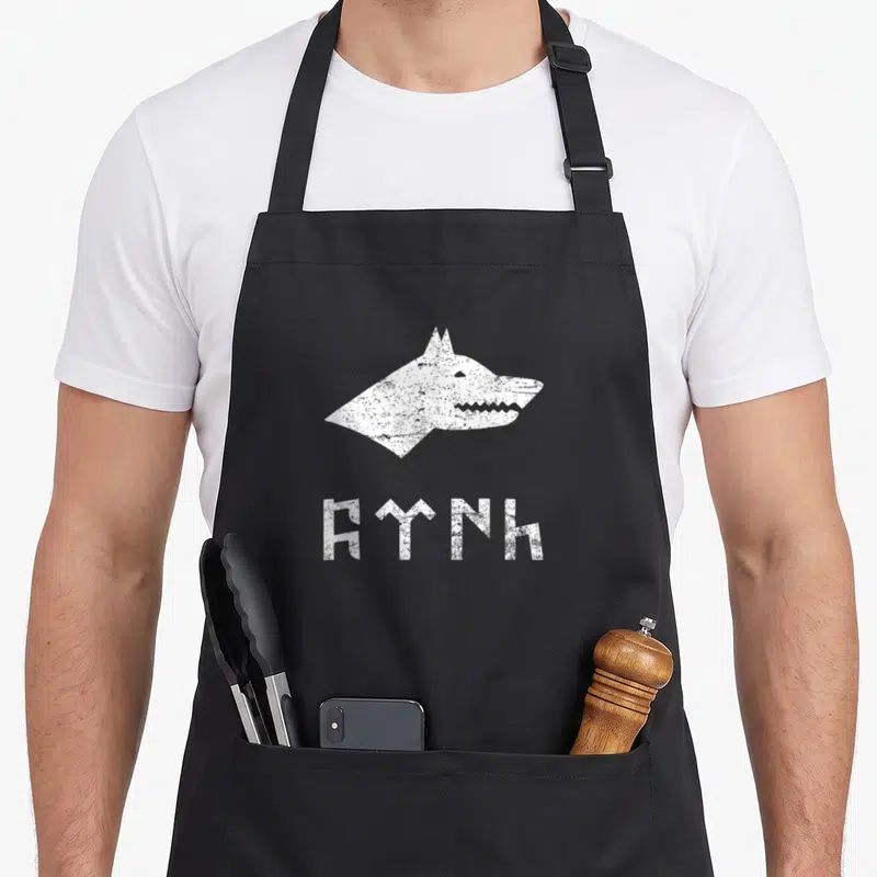 Tablier de cuisine noir avec tête de loup blanche stylisée et le mot RYNK imprimé en dessous.