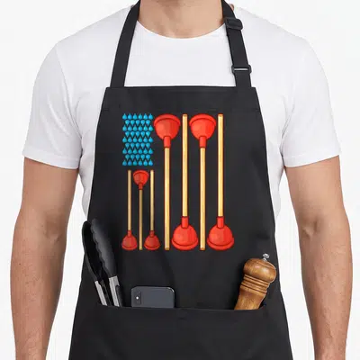 Tablier de cuisine noir avec des ventouses rouges à « manche bois » et un motif de petites têtes bleues en grille.