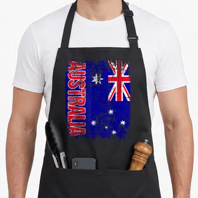 Tablier de cuisine noir avec drapeau Australie vintage et inscription Australia rouge verticale.