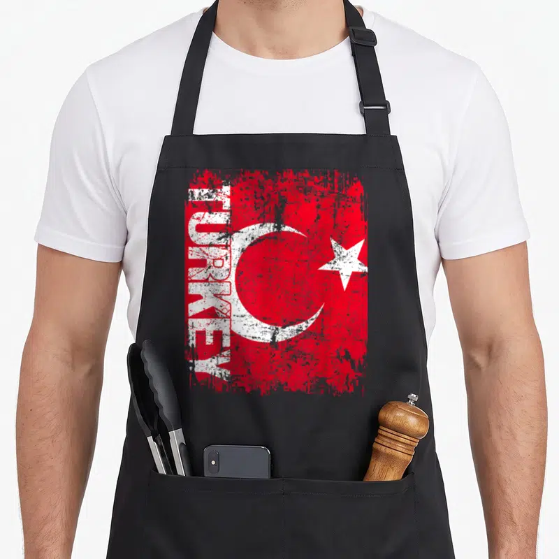 Tablier de cuisine noir avec motif drapeau Turkey rouge lune et étoile blanche style vieilli