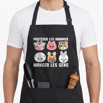 Tablier de cuisine noir avec six têtes d'animaux mignons et le texte protéger les animaux manger les gens en blanc.