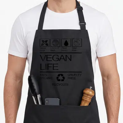 Tablier de cuisine noir avec l'inscription Vegan Life et des icônes symbolisant l'absence de cruauté et le respect de la nature.