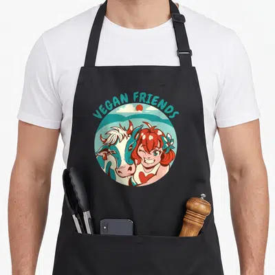 Tablier de cuisine noir avec une illustration colorée d'une fille et d'une vache dans un cercle bleu turquoise.