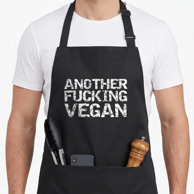Tablier de cuisine noir avec inscription blanche Another Fucking Vegan style vintage dégradé