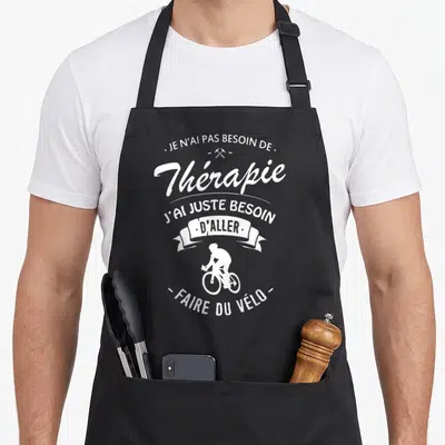 Tablier de cuisine noir avec illustration silhouette cycliste et texte blanc Je n'ai pas besoin de thérapie faire du vélo