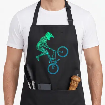Tablier de cuisine noir avec illustration d'un cycliste BMX composé d'engrenages et de pièces mécaniques bleues et vertes.