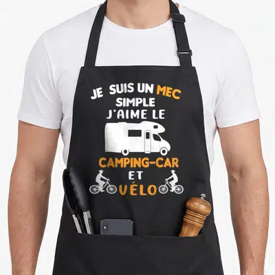 Tablier de cuisine noir avec inscription Je suis un mec simple j'aime le camping-car et vélo et silhouettes de cyclistes.