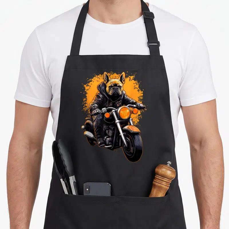 Tablier de cuisine noir avec illustration d'un bouledogue français en tenue de biker sur une moto orange et noire.