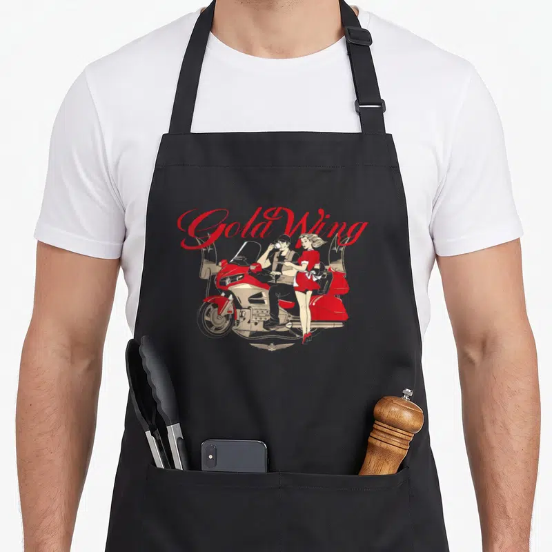 Tablier de cuisine noir avec illustration vintage Gold Wing moto rouge et femme en tenue pin up.