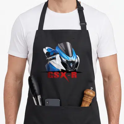 Tablier de cuisine noir avec illustration de moto sport GSX-R bleue et texte rouge GSX-R en dessous.