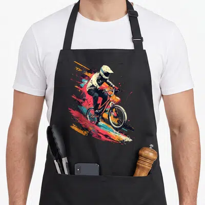 Tablier de cuisine noir avec illustration dynamique d'un cycliste BMX en action entouré d'éclaboussures de couleurs vives.