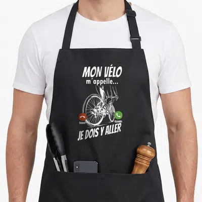 Tablier de cuisine noir avec illustration cycliste et texte Mon Vélo m'appelle Je dois y aller