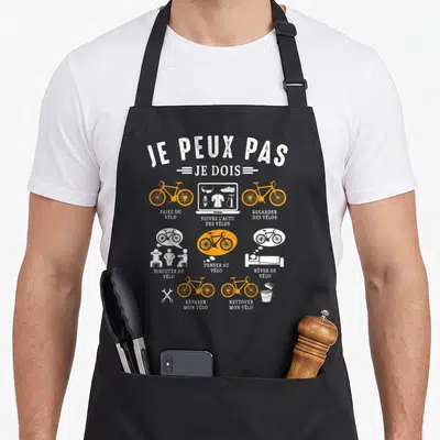 Tablier de cuisine noir avec le texte Je peux pas je dois et des illustrations de vélos orange et blancs.