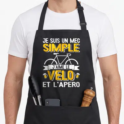 Tablier de cuisine noir avec inscription Je suis un mec simple j'aime le vélo et l'apéro et illustration de bicyclette et bières