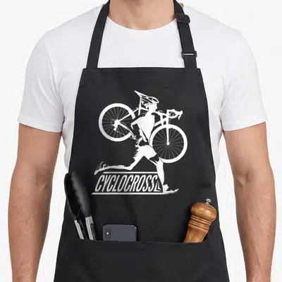 Tablier de cuisine noir avec silhouette blanche d'un cycliste courant avec son vélo et le texte Cyclocross.