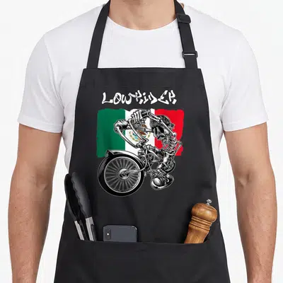 Tablier de cuisine noir avec illustration squelette à vélo et drapeau du Mexique