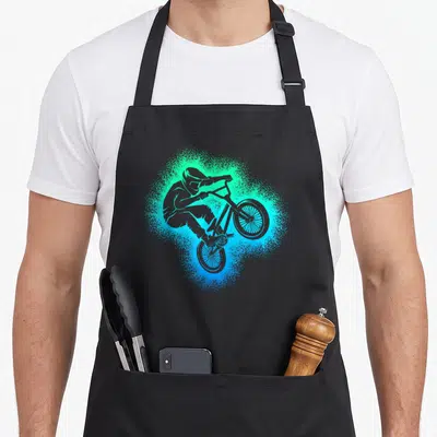 Tablier de cuisine noir avec illustration cycliste BMX en saut aux couleurs bleu et vert néon.