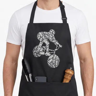Tablier de cuisine noir avec une silhouette de vélo formée par des mots blancs comme BMX et PRACTICE.